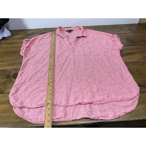 Tahari Blouse Women 1X Pink Linen Blend Short Sleeve V-Neck Top - Picture 6 of 9